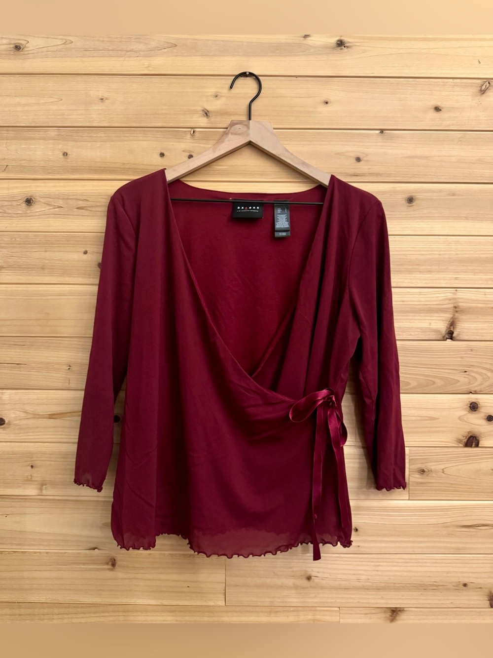 Y2K Large Maroon Wrap Style Mesh Tie 3/4 Sleeve Blouse Whimsigoth Romantic Fall
